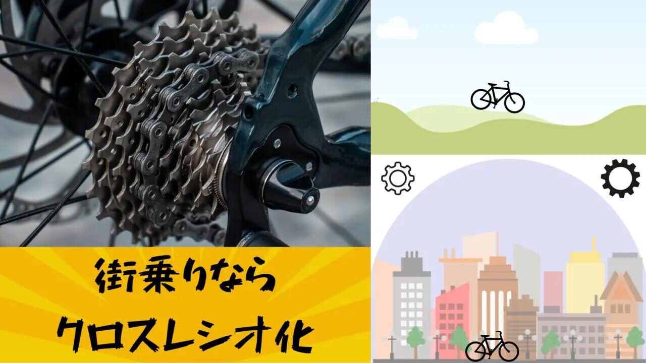 スプロケットと街や山道を走る自転車